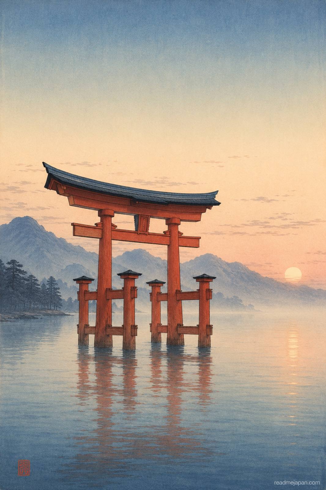 A vermilion torii gate rising from misty coastal water at dawn, woodblock print