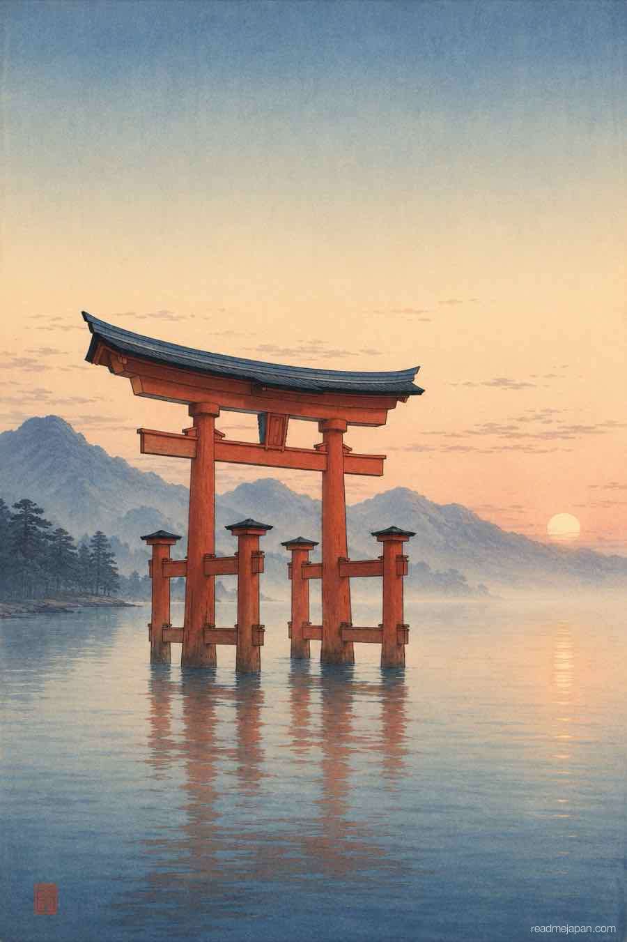 A vermilion torii gate rising from misty coastal water at dawn, woodblock print