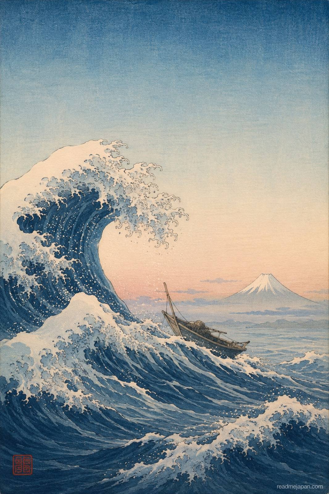 A fishing boat on a cresting wave with Mount Fuji distant, woodblock print