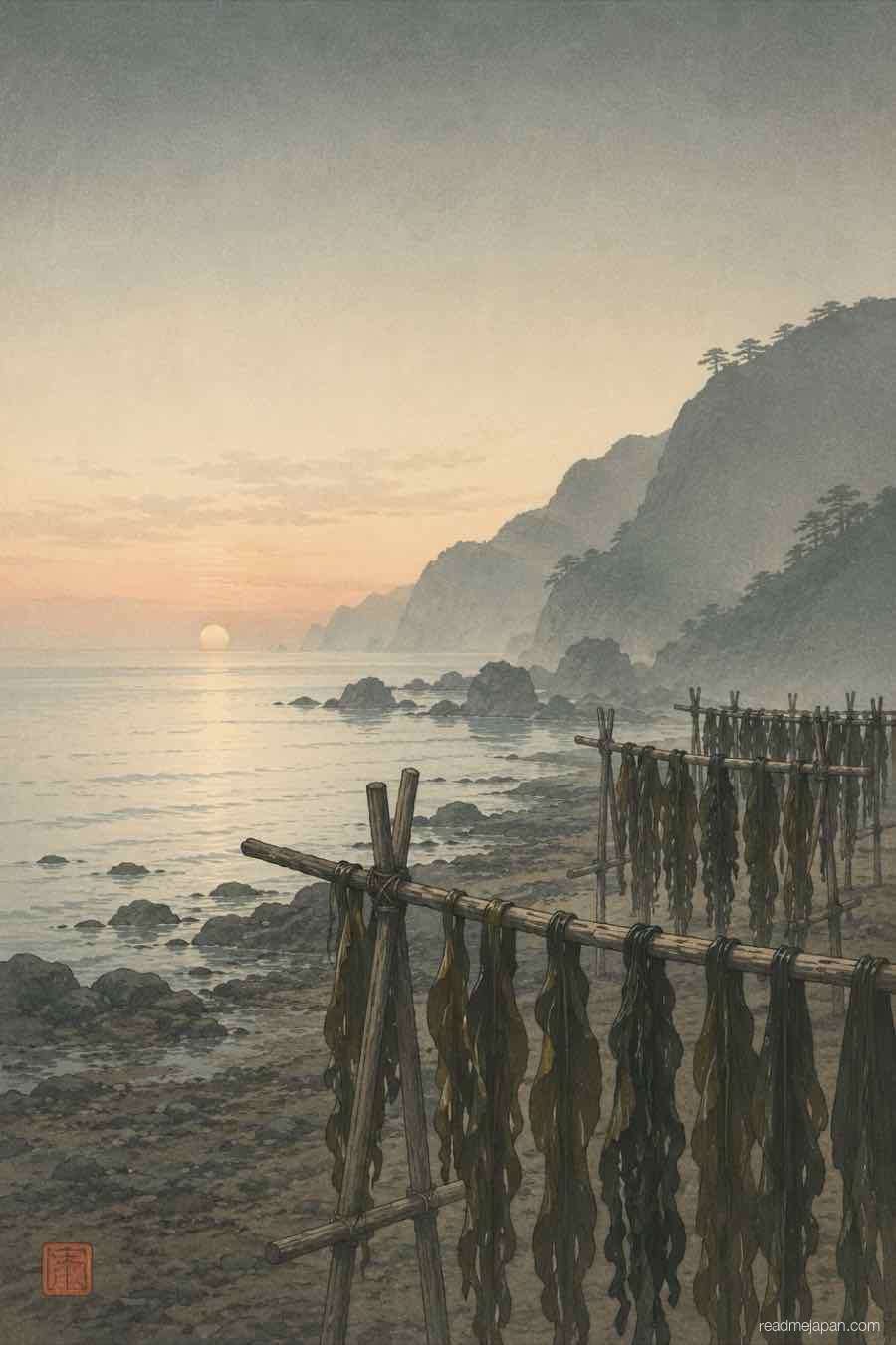 Kelp drying on racks along a misty shore at dawn, woodblock print