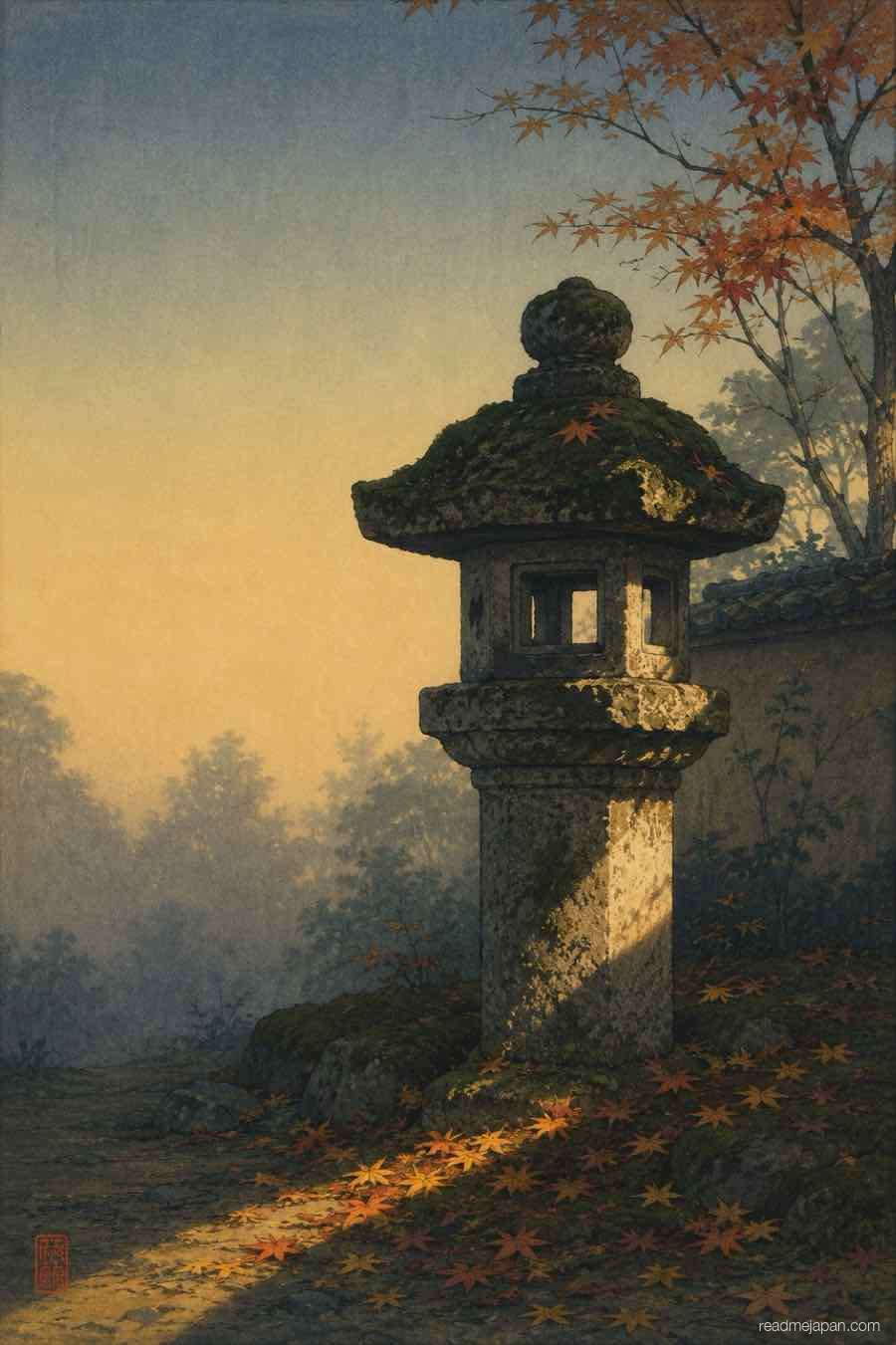 A moss-covered stone lantern among autumn leaves, woodblock print