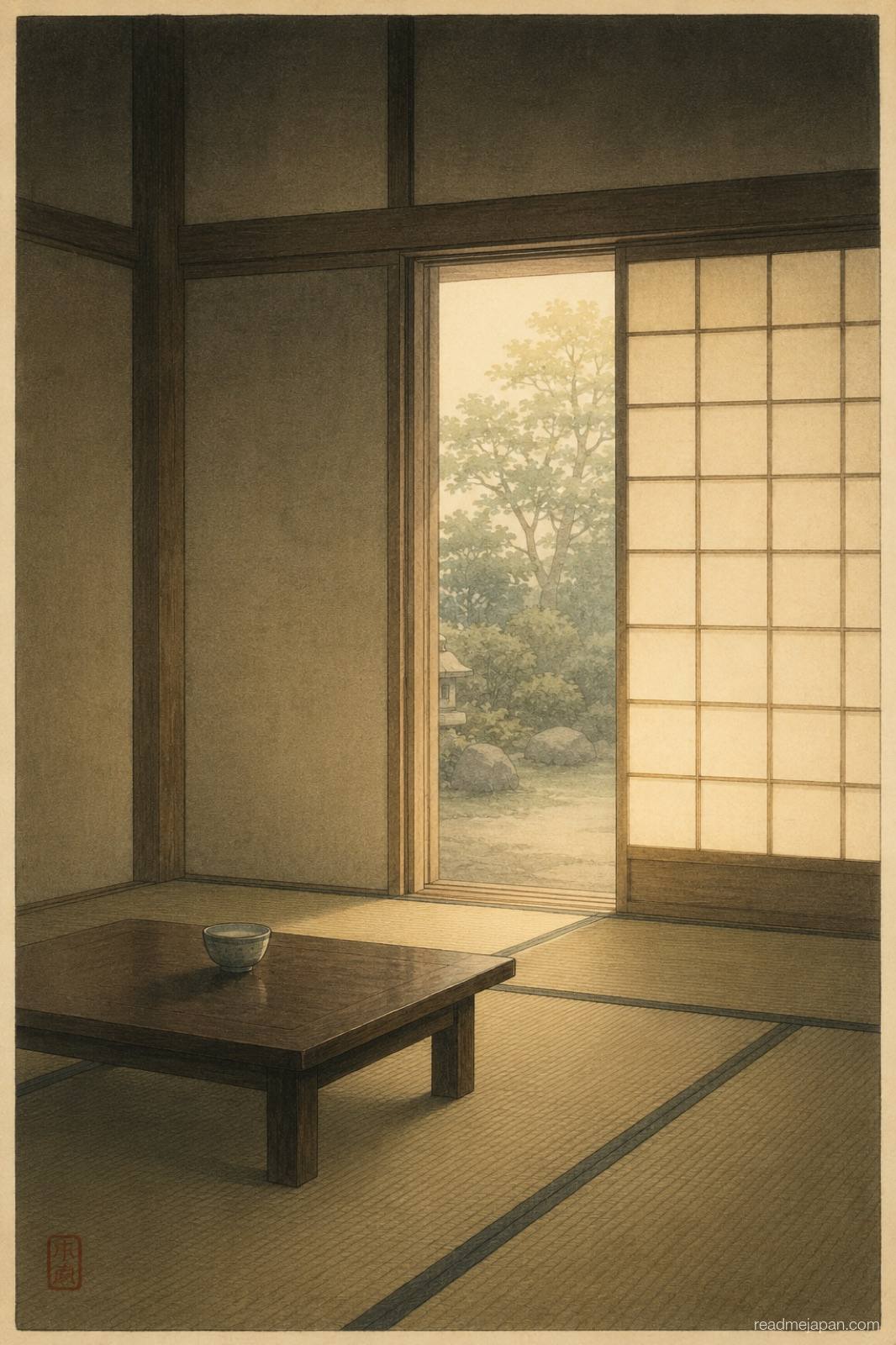 An empty tatami room glowing with garden light, woodblock print