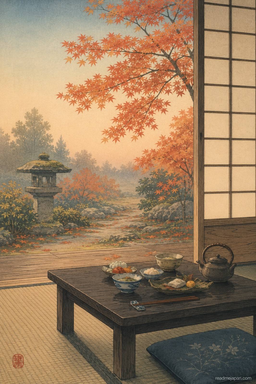 A low table of seasonal dishes beside an open screen onto an autumn garden, woodblock print
